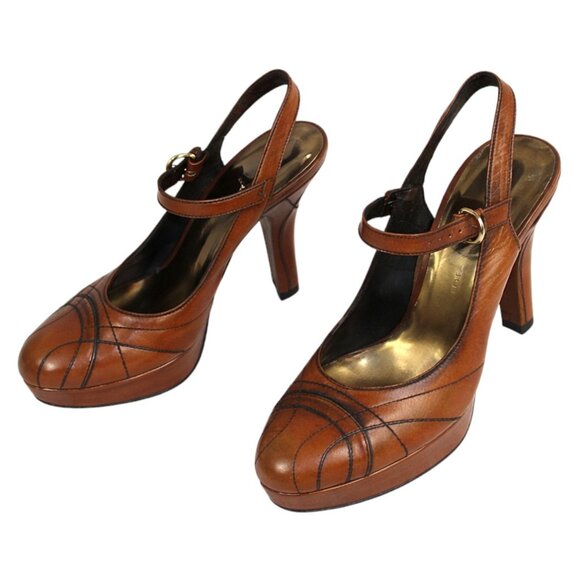 Barbara Bui Parisian Runway Leather Slingback Platform Heel Contrast Stitching - Picture 3 of 9